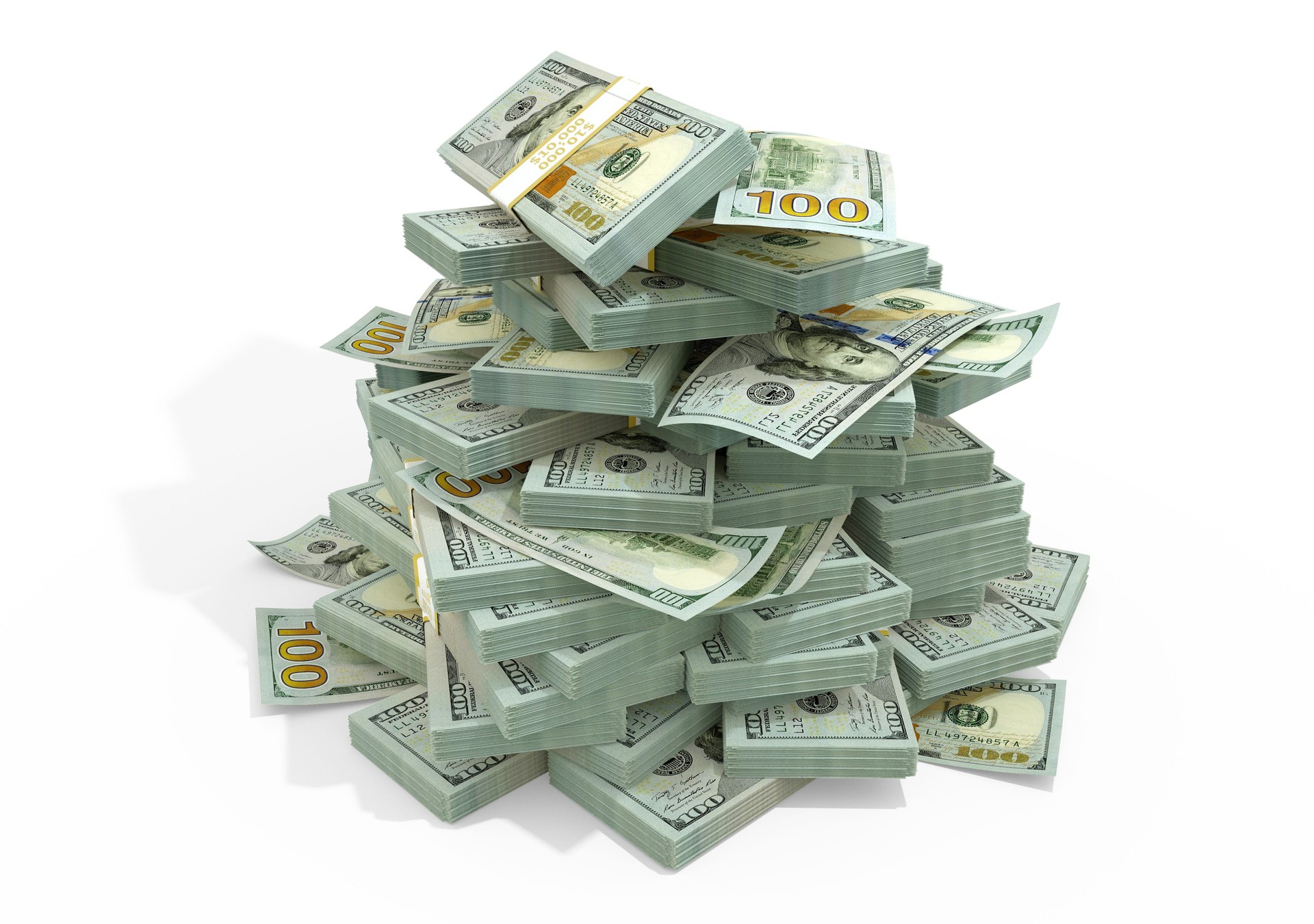 Stacks of US dollar notes. bundles of United States currency bills isolated on white background